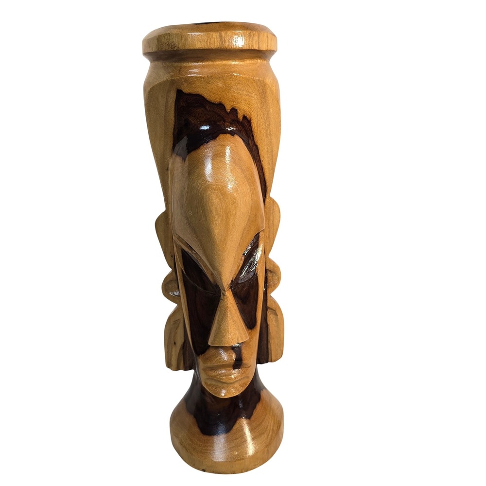 Vintage Hand Carved Wooden Double Face Bust Sculpture Fiji native Style Decor
